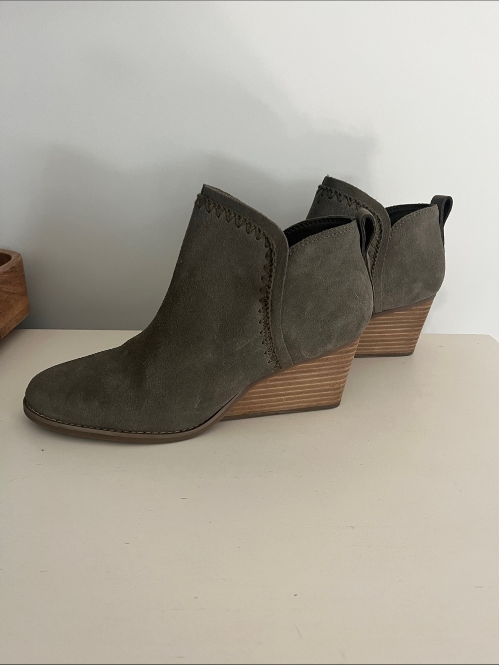 Toms Olive Suede Wedge Ankle Boots
